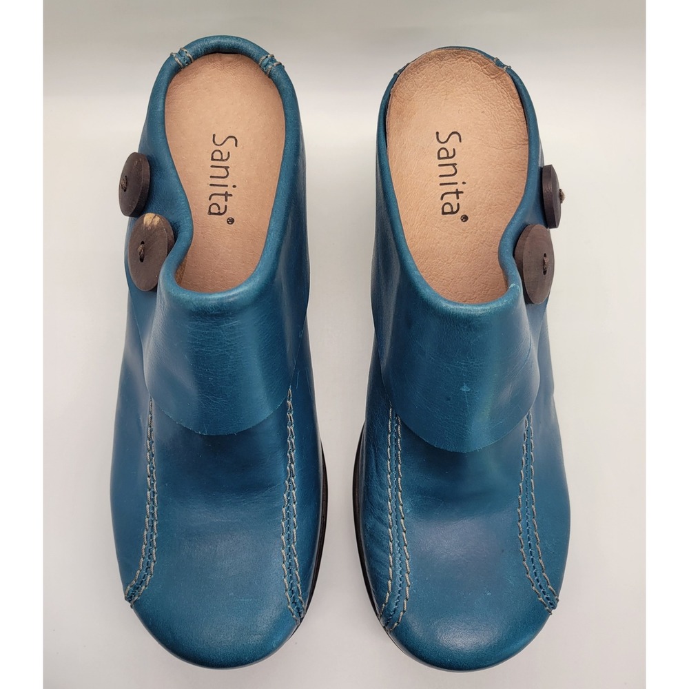 Sanita Teal Blue Leather Mule Clogs Women EU 37 US 6.5-7 Comfort Button 70s 90s - Picture 13 of 16